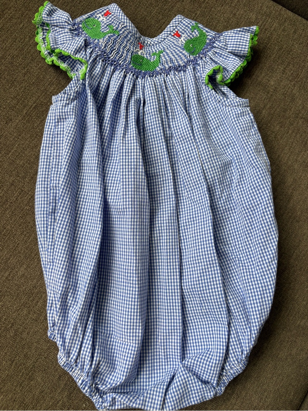 Vintage Blue Gingham Whale Smocked One-Piece
